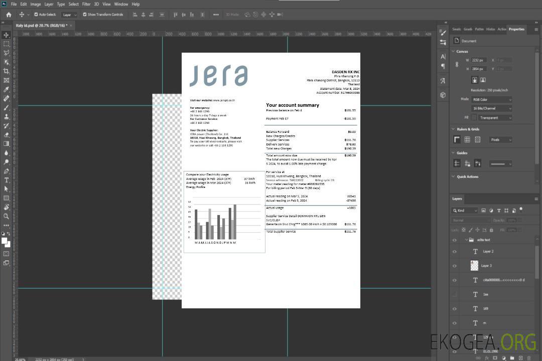 Modèle de facture de services publics de l'électricité JERA en Thaïlande aux formats Word et PDF template